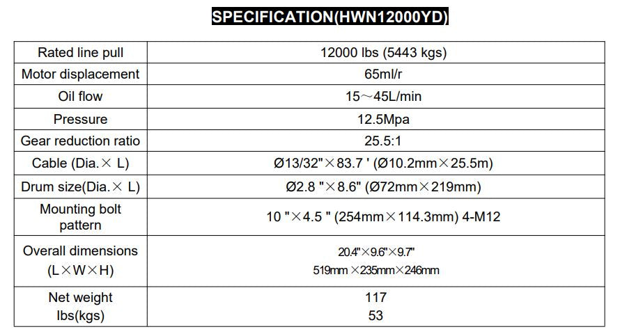 RUNVA WINCH  - Hydraulic  -  Steel Cable  12000lbs (5 443Kg)