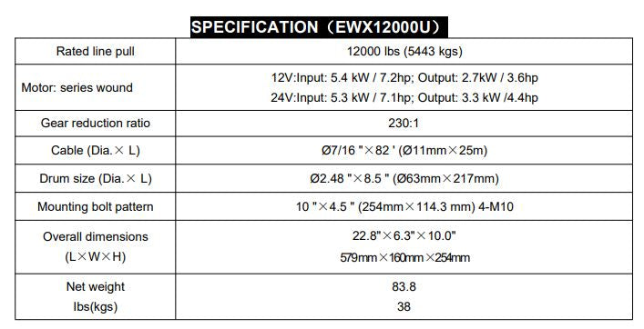 RUNVA WINCH  -  Synthetic Rope  12000lbs (5 443Kg) 12V