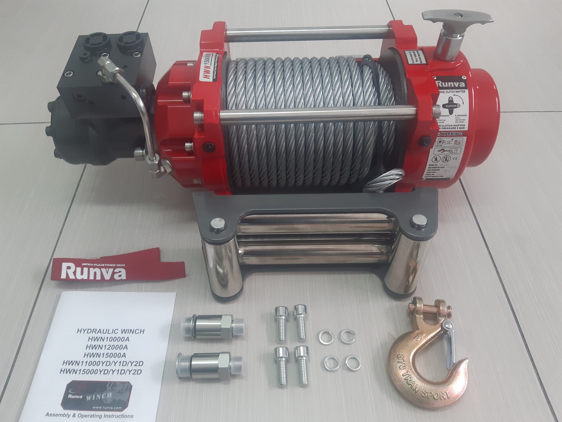 RUNVA WINCH  - Hydraulic  -  Steel Cable 15000lbs (6 804kg) RED WINCH