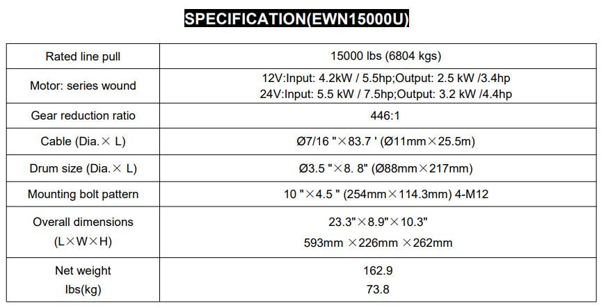 RUNVA WINCH  -  Steel Cable  15000lbs (6 804Kg) 12V