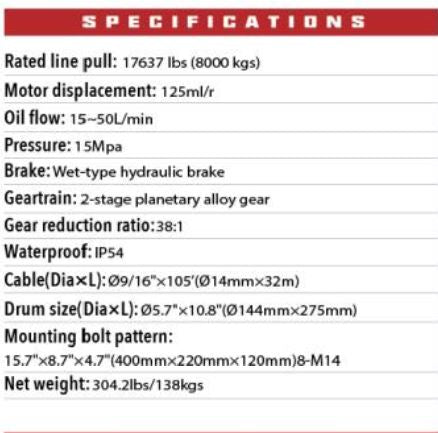 RUNVA WINCH  - Hydraulic  -  Steel Cable  18000lbs (8 164kg)