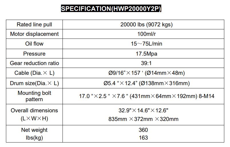 RUNVA WINCH  - Hydraulic  -  Steel Cable  20000lbs (9 072kg)