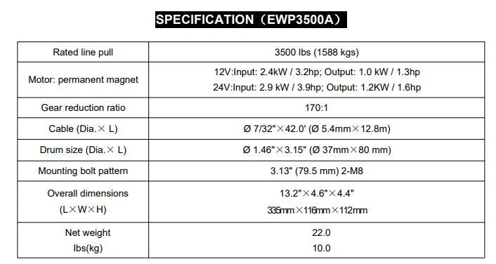 RUNVA WINCH  -  Steel Cable  3500lbs (1 588Kg) 12V