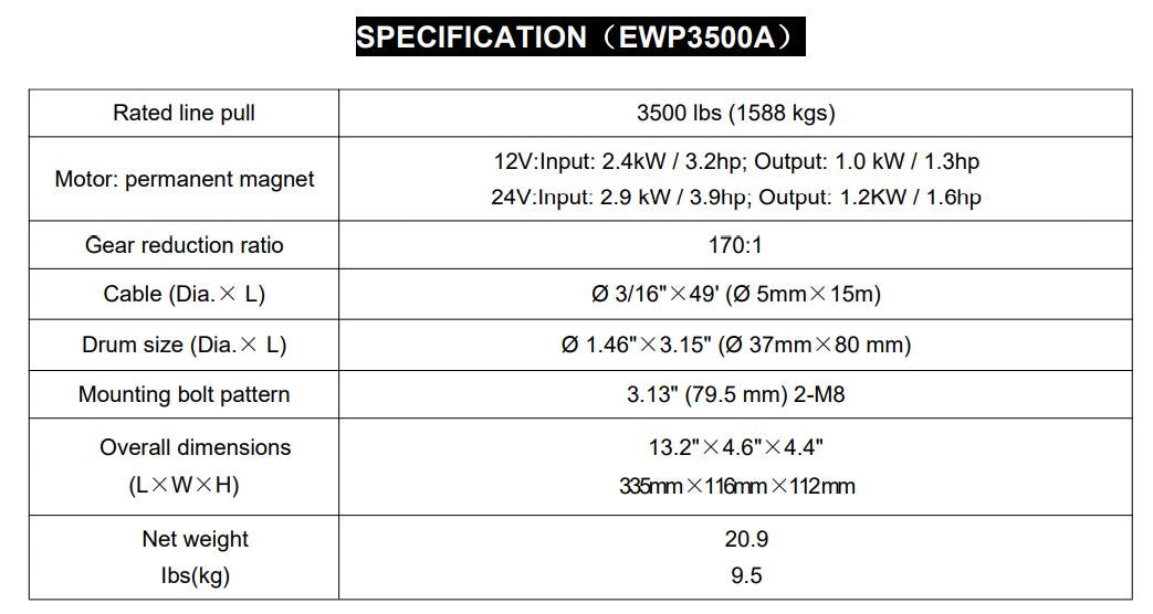 RUNVA WINCH  -  Synthetic Rope  3500lbs (1 588Kg) 12V