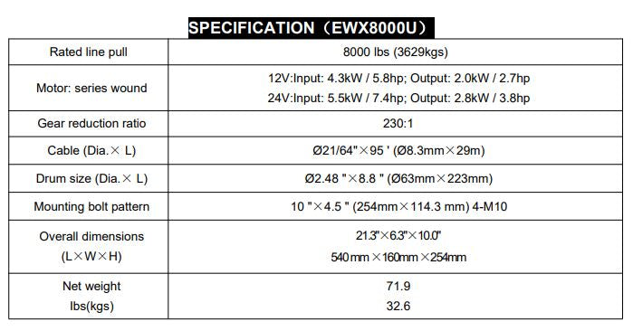 RUNVA WINCH  -  Steel Cable  8000lbs (3 629kg) 12V