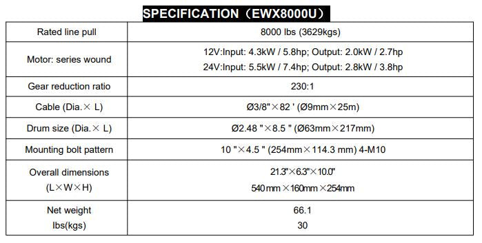 RUNVA WINCH  -  Synthetic Rope  8000lbs (3 629kg) 12V