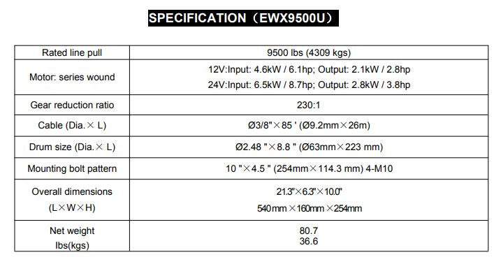 RUNVA WINCH  -  Steel Cable  9500lbs (4 309Kg) 12V