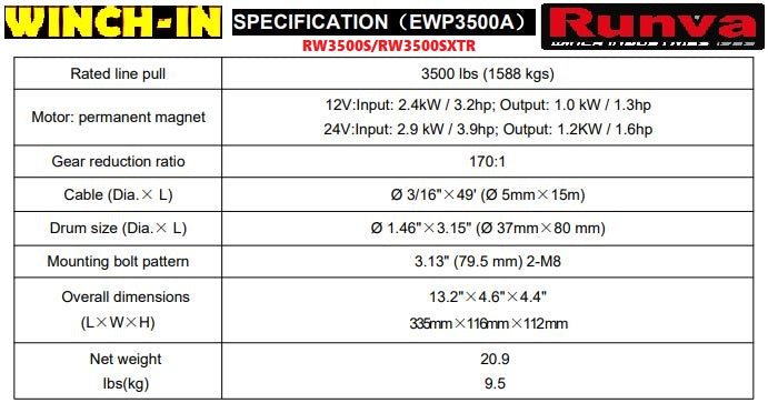 RUNVA WINCH  -  Steel Cable  3500lbs (1 588kg) 24V