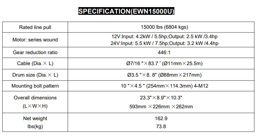 RUNVA WINCH  -  Steel Cable  15000lbs (6 804Kg) 24V