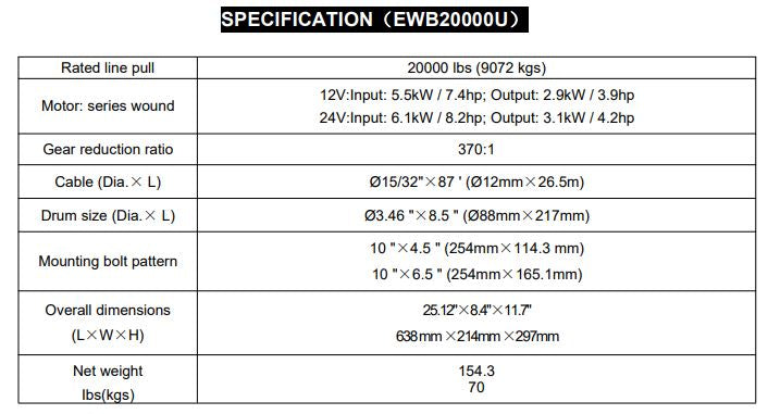 RUNVA WINCH  -  Steel Cable  20000lbs (9 072Kg) 24V