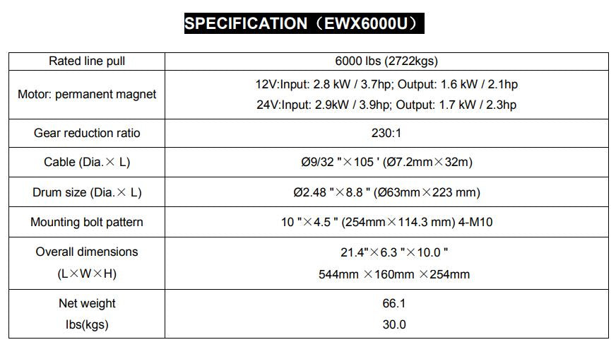 RUNVA WINCH  -  Steel Cable  6000lbs (2 722Kg) 12V